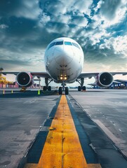 Aufkleber - A cargo airplane is stationed on the runway, while loading equipment surrounds it in preparation for departure. Generative AI