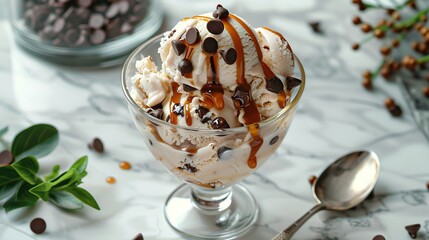 Poster - A scoop of vanilla ice cream topped with chocolate chips and caramel sauce in a glass bowl.