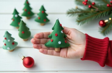 Wall Mural - Close-up of a hand in a red sweater holding a stitched DIY Christmas tree, blurred white wooden background with DIY Christmas trees, red christmas balls, Christmas tree branches