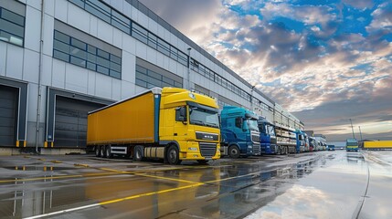 Poster - Multiple trucks and vans are parked at a warehouse, ready to be loaded with goods, reflecting morning light and clouds. Generative AI