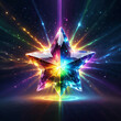 © AIgameicons - A large, iridescent crystal star, with multiple facets, shines brightly against a dark, starry background, surrounded by glowing rainbow rays of light.