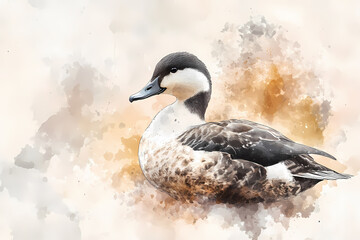 Realistic watercolor painting of an eider duck in profile