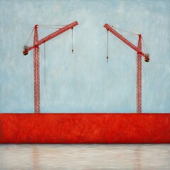 Two red construction cranes against a blue sky and red wall.