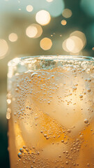 Wall Mural - Refreshing iced drink with ice cubes and sparkling bubbles, perfect for warm day. vibrant colors and bokeh effect create delightful atmosphere