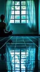 Poster - A woman sits in a yoga pose on the floor in front of a window, meditating and reflecting.