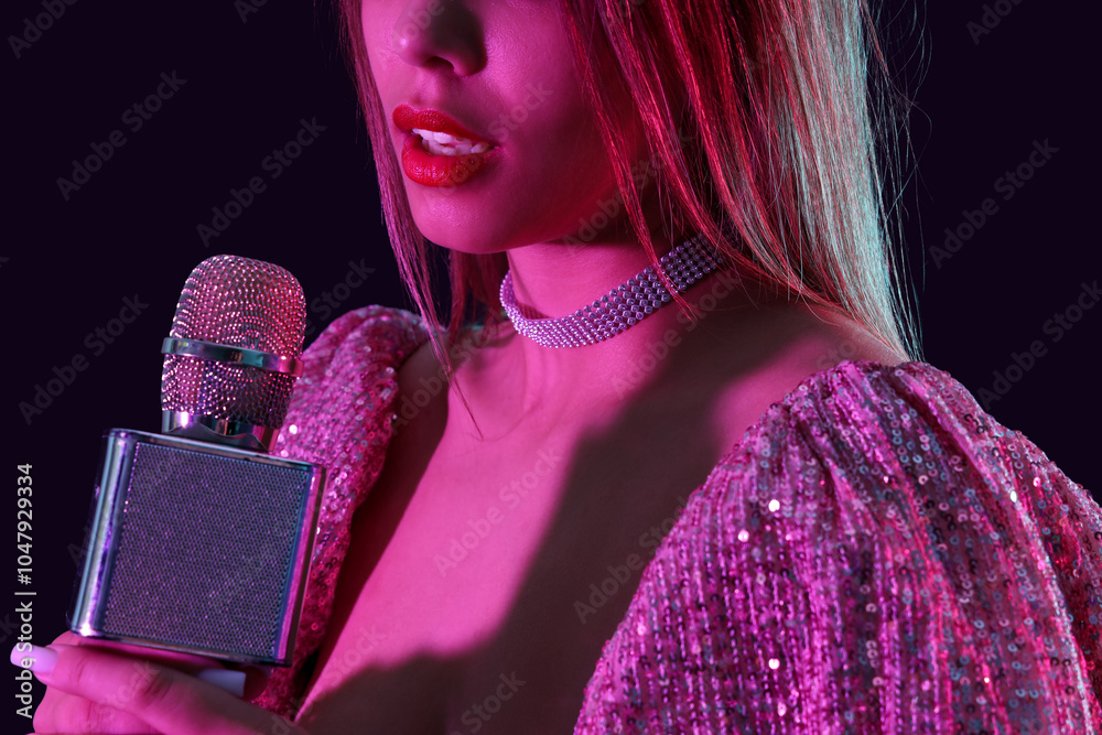 Beautiful female singer with microphone  on dark background