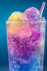 Wall Mural - vibrant glass of iced soda with colorful layers of purple, pink, and yellow, topped with bubbles and straw, evokes refreshing and joyful feeling