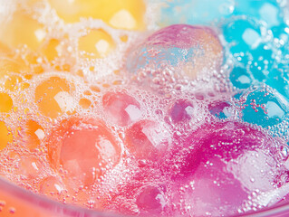 Wall Mural - Colorful bubbles create vibrant and refreshing scene, showcasing mix of orange, pink, and blue hues. effervescence adds lively touch, perfect for summer drinks or desserts