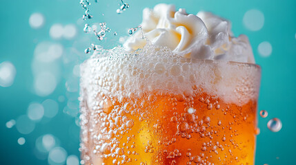Wall Mural - refreshing glass of iced cream soda topped with whipped cream, showcasing bubbles and vibrant background. This delightful drink is perfect for warm days