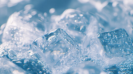 Wall Mural - clear ice cubes glistening in sparkling water create refreshing and inviting scene. bubbles rise, en