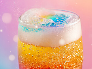 Wall Mural - Refreshing and vibrant, this close up of fizzy beverage showcases bright bubbles and frothy top, perfect for summer enjoyment. colorful background adds playful touch
