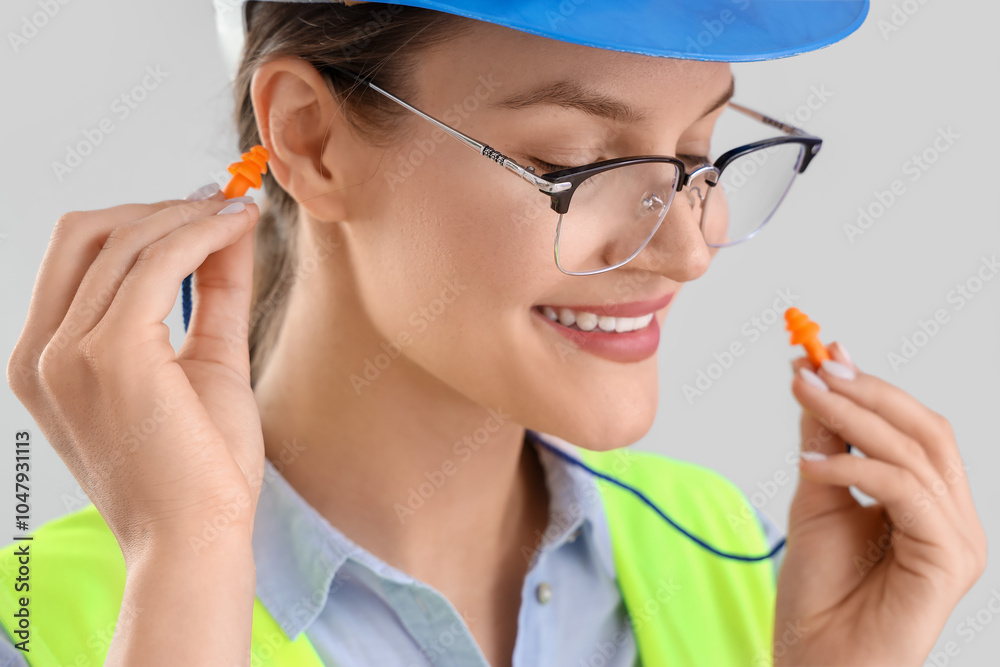 Female builder inserting earplugs on light background