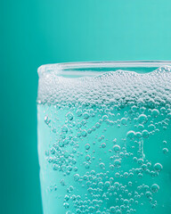Wall Mural - refreshing bubbles in clear glass of soda create vibrant and inviting scene. minty tones of backgrou