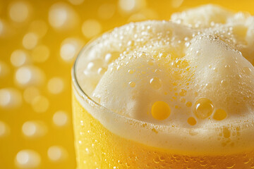 Wall Mural - refreshing iced cream soda with frothy foam topping, set against vibrant yellow background. bubbles 