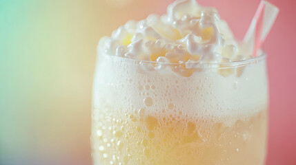 Wall Mural - refreshing glass of cream soda topped with frothy whipped cream and straw, perfect for sunny day. vi