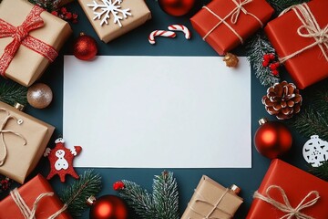 above view festive composition of gift boxes and christmas ornaments with blank white piece of paper
