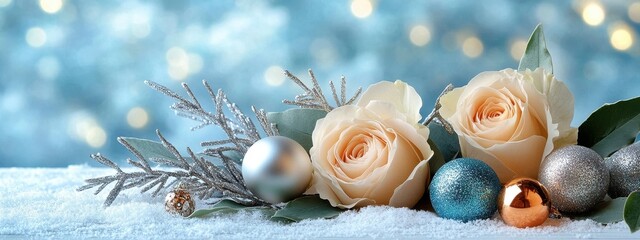 Frosted white rose arrangement with silver leaves and glittering ornaments on a snowy winter table