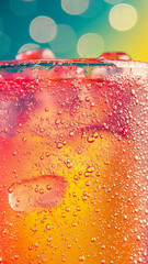 Wall Mural - refreshing and vibrant drink with bubbles and ice, showcasing colorful background that enhances its 