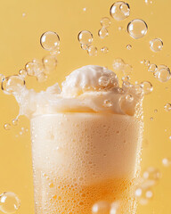 Wall Mural - Refreshing iced cream soda with foam, bubbles, and vibrant yellow background creates delightful summer drink experience