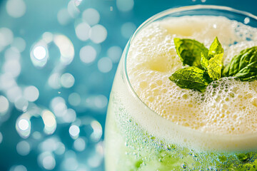 Wall Mural - Refreshing cream soda topped with mint foam, served in glass, with vibrant blue background creating lively atmosphere. bubbles and mint leaves add touch of elegance