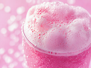Wall Mural - refreshing and vibrant, this showcases close up of pink, ice cold drink topped with frothy bubbles, 