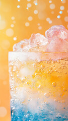 Wall Mural - refreshing iced cream soda with bubbles and ice cubes, set against bright, sunny background. vibrant