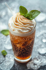 Wall Mural - Cream soda topped with whipped cream and fresh mint leaves, served in tall glass. fizzy drink is refreshing and visually appealing, perfect for warm day