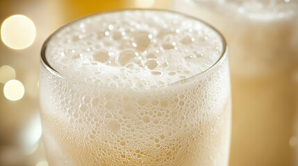 Wall Mural - sparkling cream soda with foam bubbles in glass, showcasing refreshing beverage. bubbles create live