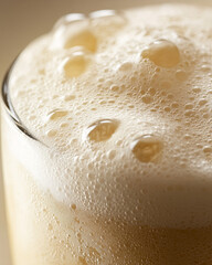 Wall Mural - close up view of glass filled with creamy soda, showcasing frothy foam and bubbles on top, creating 