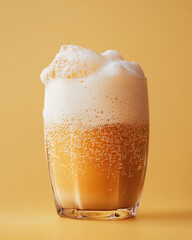 Wall Mural - refreshing glass of cream soda with frothy foam top, showcasing bubbles and vibrant yellow backgroun