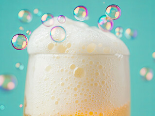 Wall Mural - cream soda with foam, bright summer drink, refreshing beverage, bubbles floating, vibrant background