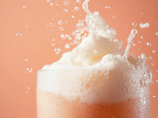 Wall Mural - cream soda with foam splashing in glass, capturing essence of bright summer drink. refreshing bubble