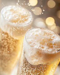 Wall Mural - refreshing cream soda with bright foam bubbles, captured in two glasses, showcases effervescence and
