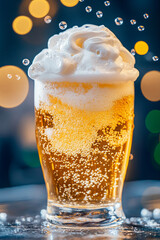 Wall Mural - refreshing glass of sparkling cream soda topped with whipped foam, showcasing bubbles and vibrant golden hue. background features bokeh effect, enhancing drinks appeal