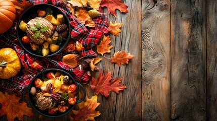 Autumnal table setting with two bowls of food, pumpkins, and fall leaves on rustic wooden background.