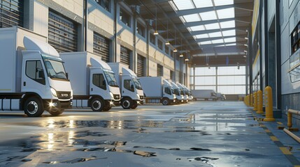 Poster - Several trucks and vans are parked inside a warehouse, prepared for loading in the bright daylight, with wet surfaces reflecting light. Generative AI