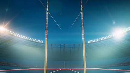 Empty stadium with two pole vault poles and a red crossbar, ready for a competition.