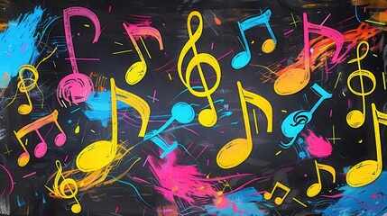 Poster - A chalkboard is adorned with colorful brushstrokes blending with musical notes, creating a vibrant display in a creative learning space. Generative AI