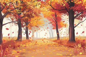 Aufkleber - A tranquil pathway meanders through a golden forest, where bright leaves fall gently from the trees, signaling the beauty of autumn. Generative AI