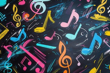 Poster - A chalkboard features lively brushstrokes interwoven with musical notes, creating an engaging artistic atmosphere for learners. Generative AI