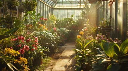 Wall Mural - Sunlit Greenhouse Path with Blooming Flowers