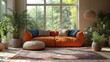 © Parsudi - Cozy living room with an orange sofa and plants by large windows.