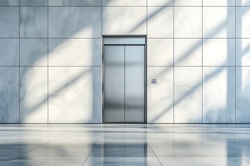 Poster - A sleek elevator in a modern, bright hallway with marble walls and floor.