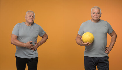 sick pensioner and sporty elderly man with ball in hands with free space for text in the middle. horizontal banner with pensioner with different emotions on orange background