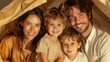 © hisilly - New Home, New Beginnings: Happy Family with Kids Sitting on Sofa Holding Cardboard Roof, Feeling Safe and Secure - Insurance Concept Banner