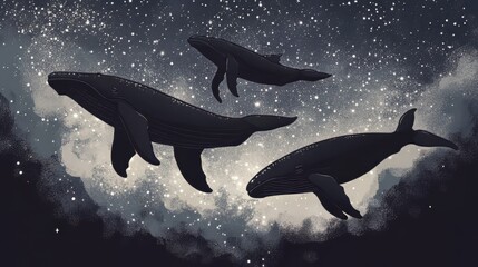 Whales silhouetted against the starry sky Adobe Illustrator