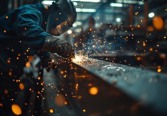 Skilled Worker Welding Metal in Industrial Workshop