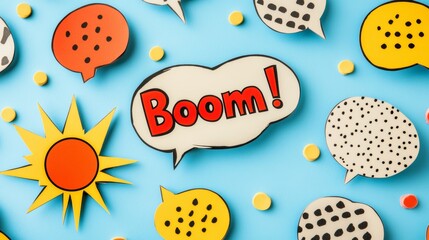 Colorful Comic Speech Bubbles with Boom Text and Sun on Blue Background