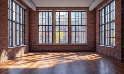 Poster - Sunlit Industrial Loft Space with Large Windows and Brick Walls