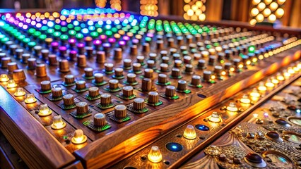 A close-up of a wooden control panel with an array of intricate knobs and glowing lights, a symphony of technology and artistry.